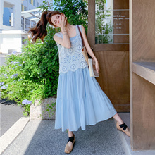 冰雪蓝甜美小清新吊带连衣裙套装女2025年夏季新款叠穿罩衫两件套
