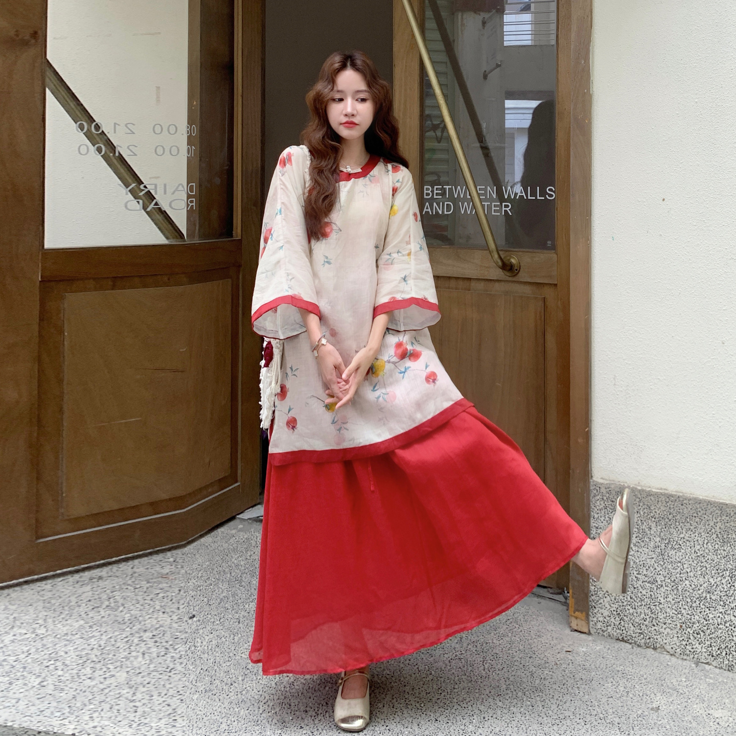红色新中式国风改良旗袍上衣套装裙女2025夏季新款半身长裙两件套