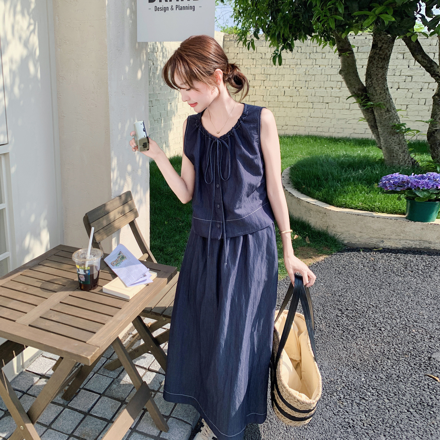 藏青色小个子时尚显瘦穿搭背心套装裙女2025夏季新款半身裙两件套