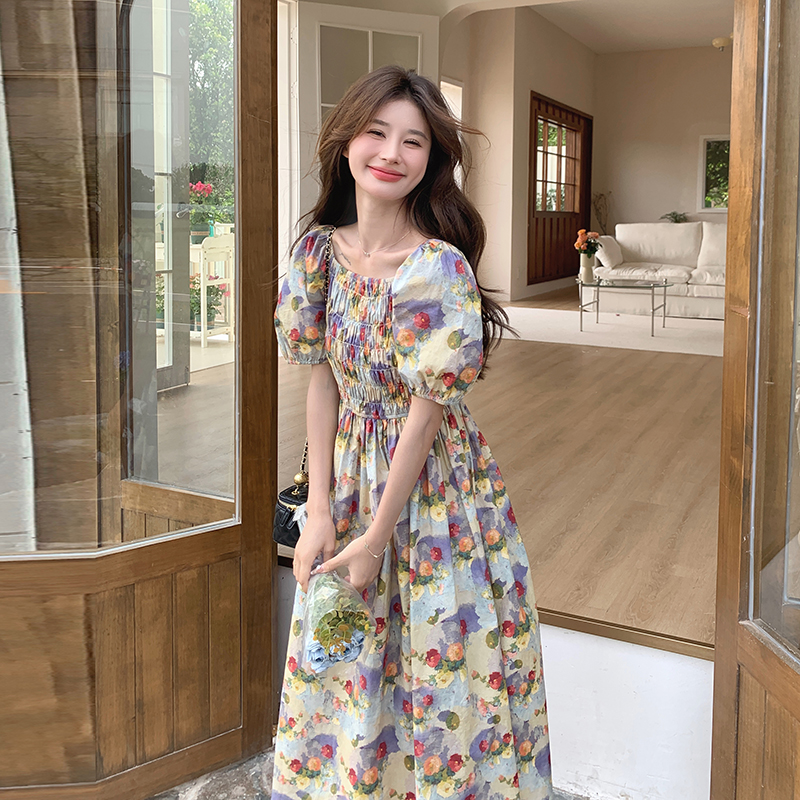 油画法式复古碎花连衣裙女