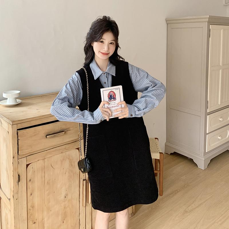 小个子学院风条纹衬衫连衣裙套装女2025春季新款减龄背心裙两件套