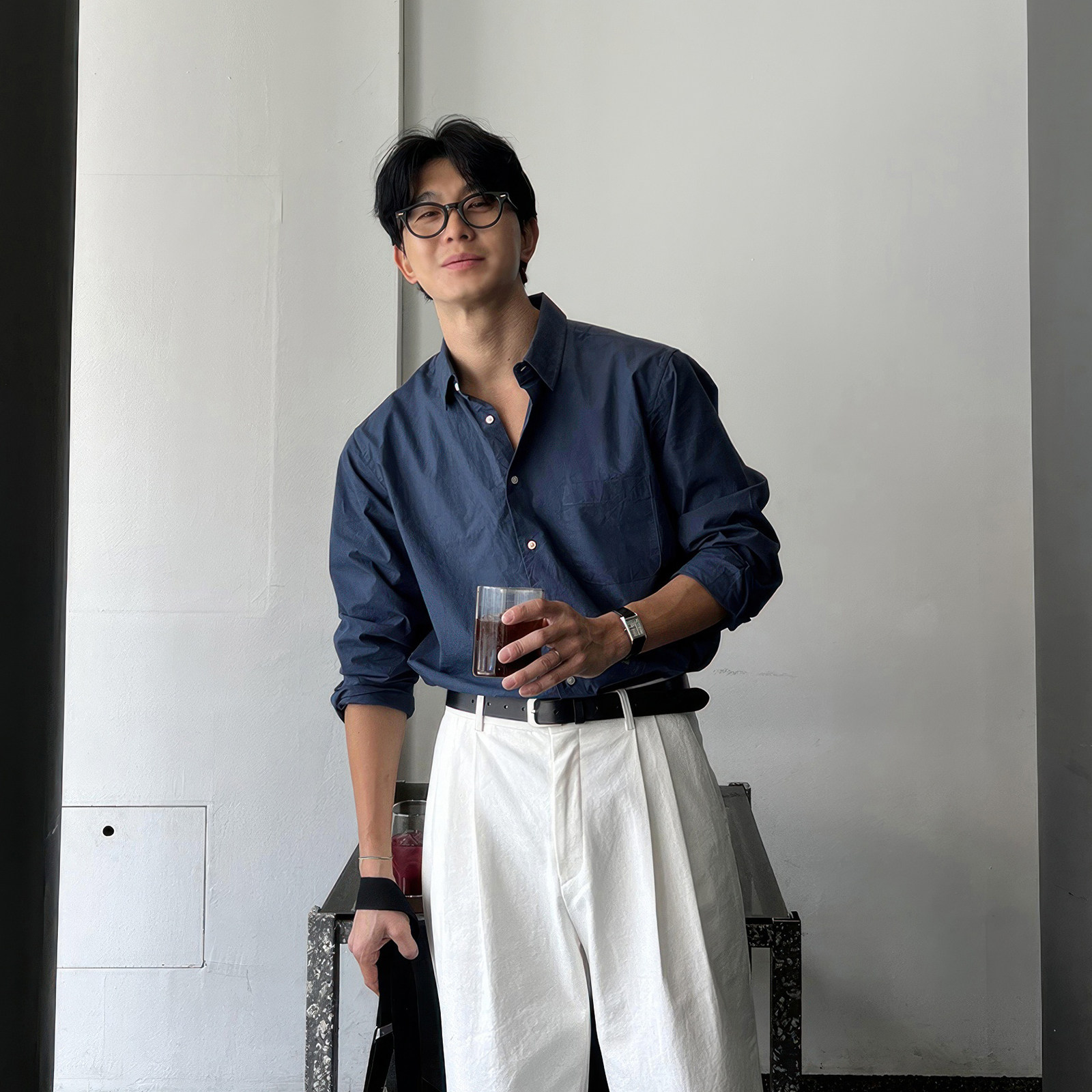 蓝色长袖衬衫男士春夏男装老钱人夫感外套高级感意式商务衬衫上衣
