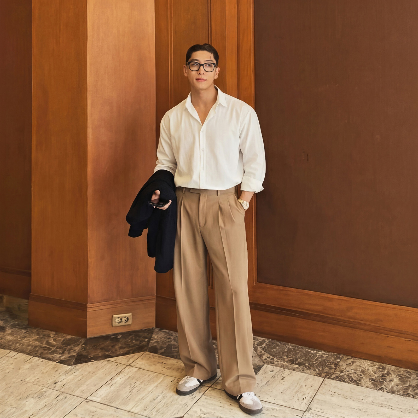 thumbnail for Old money style double-pleated wide-leg slacks, men's high-waisted loose straight-leg trousers, husband-like outfit, draped suit pants
