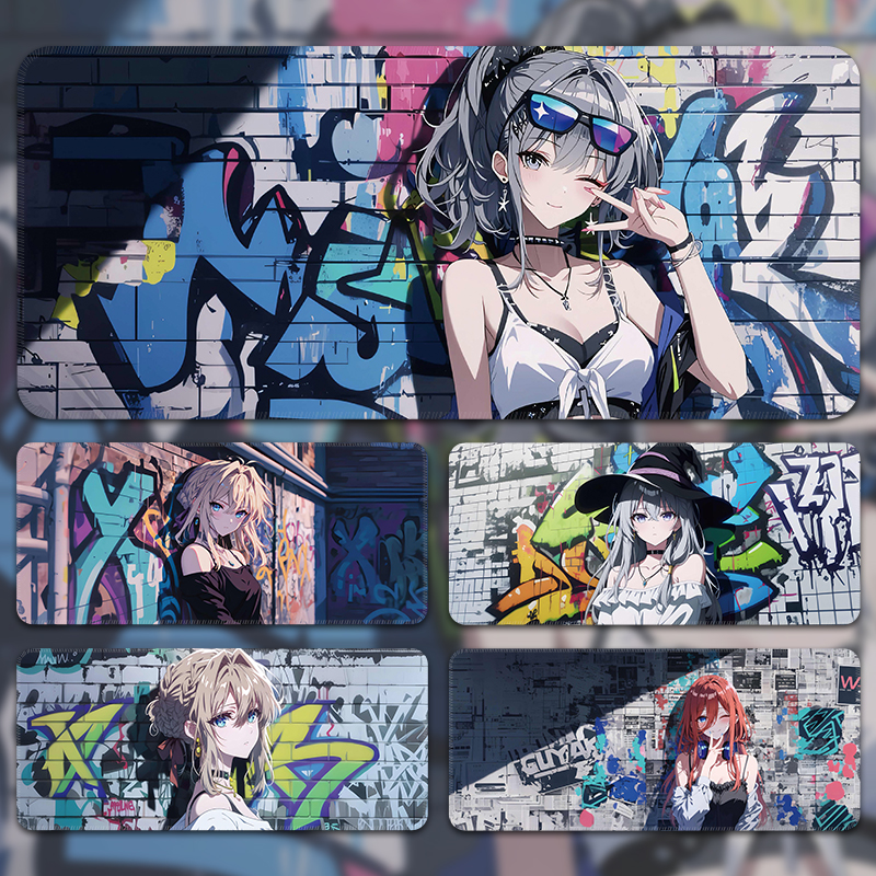 鼠标垫超大涂鸦风电脑键盘垫动漫游戏滑鼠垫男生电竞电脑桌垫专用