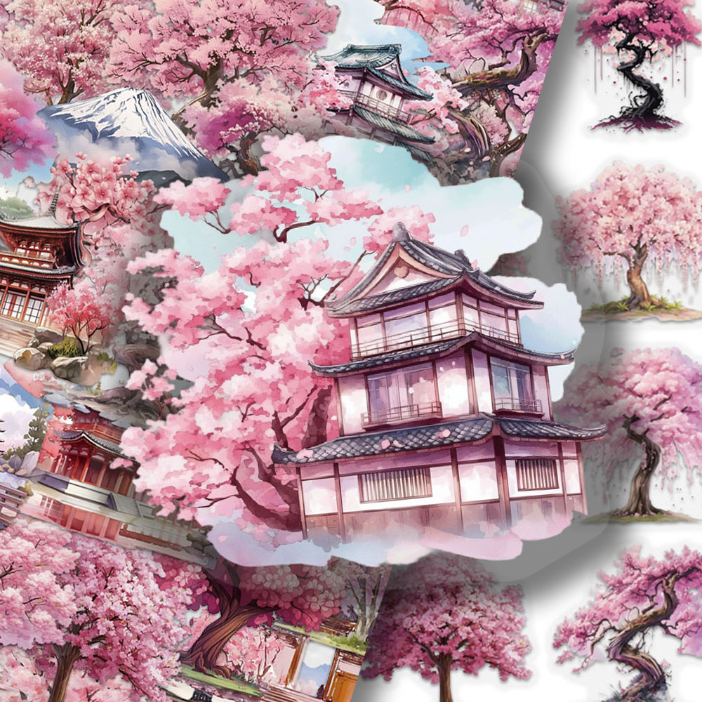 100张水彩桃树PET贴纸卡通涂鸦手账手机壳笔记本水杯装饰防水贴画