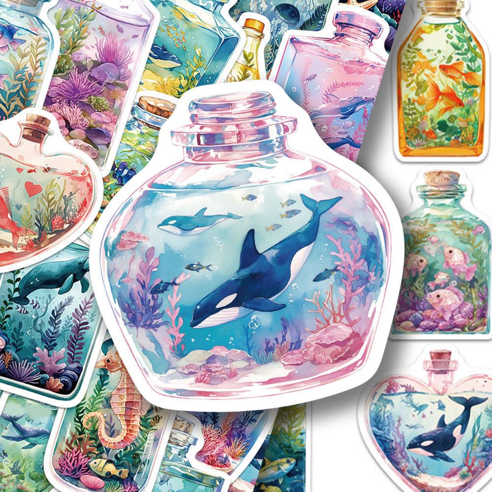 100张瓶中大海底世界贴纸ins奇幻清新手账手机笔记本装饰防水贴画