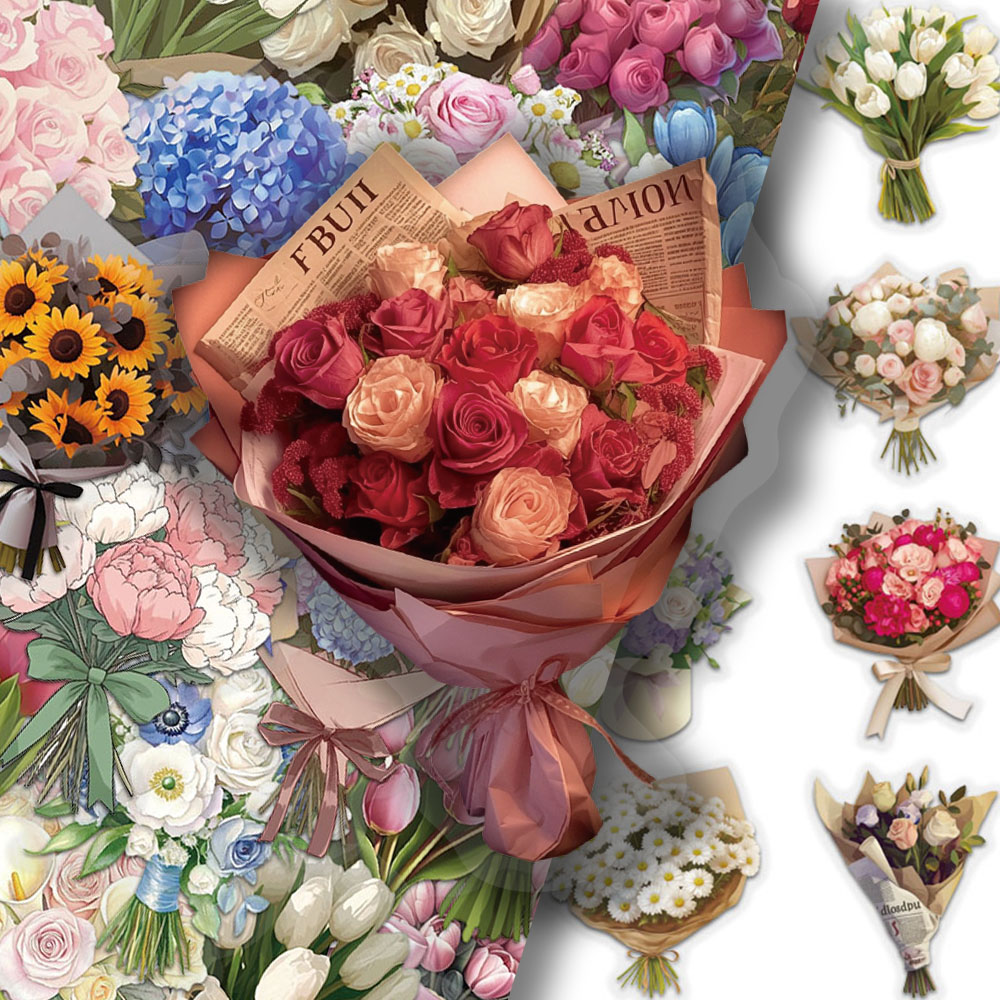 100张锻梦花礼贴纸ins文艺花卉花束创意素材手账手机壳装饰贴画