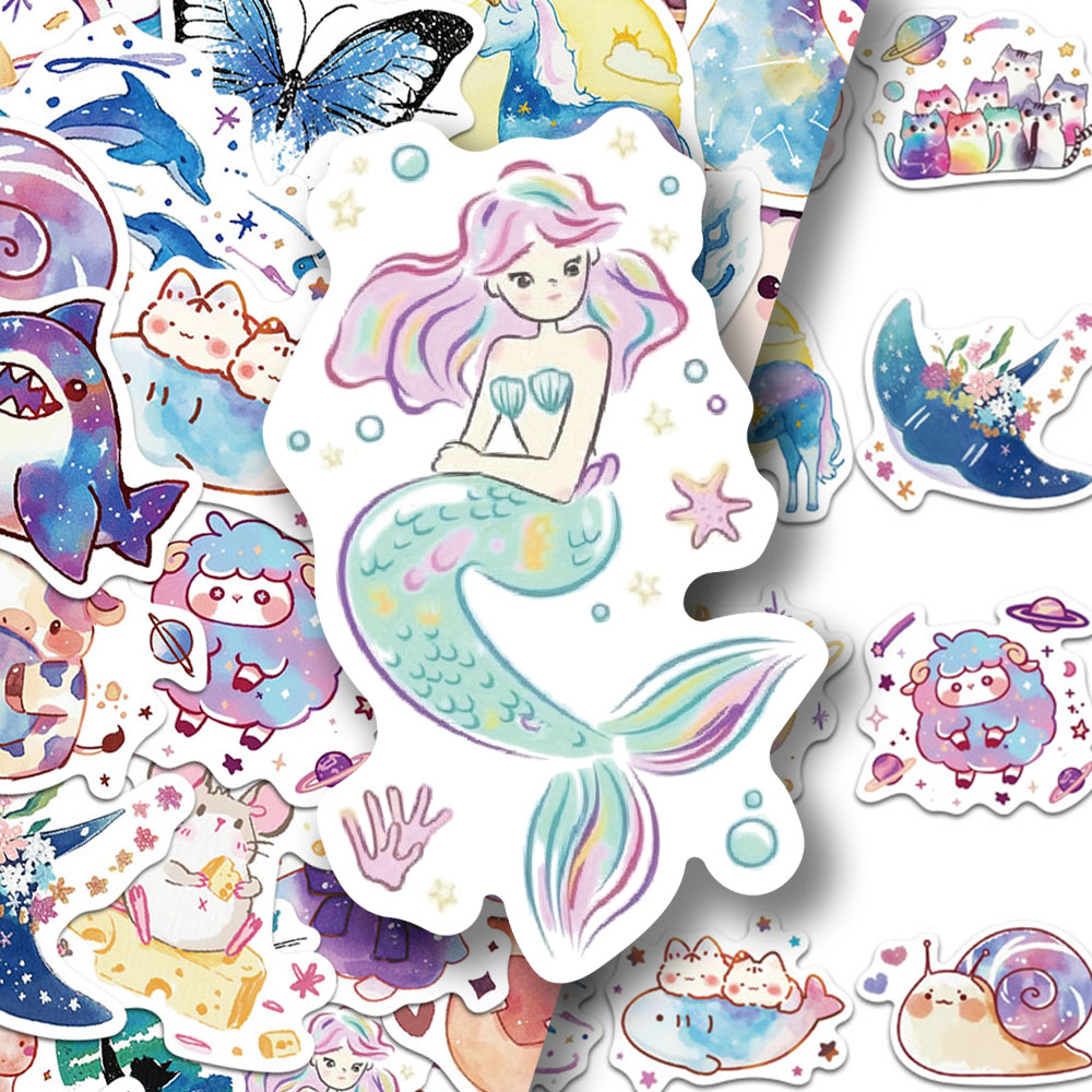 106张星空水彩小生物贴纸卡通可爱动物手账手机壳笔记本装饰贴画