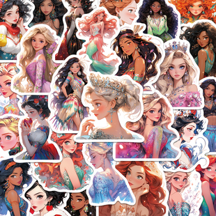 50张迪士尼在逃公主卡通动漫贴纸少女心手机壳笔记本装 饰防水贴纸