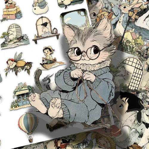 100张童话世界贴纸卡通可爱复古风插画手账手机壳笔记本PET贴画