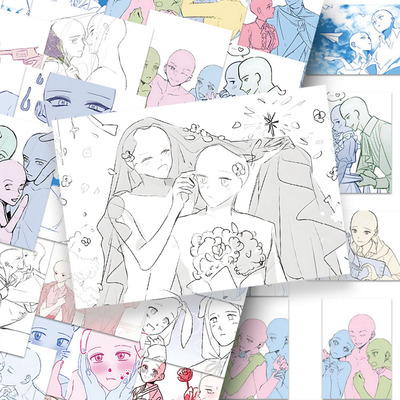 128oc绘画模板贴纸美术双人练习速写素材参考手账手机壳装饰贴画