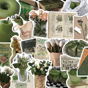 62张ins风复古橄榄绿韩系贴纸手机壳笔记本行李箱装 饰防水贴纸diy