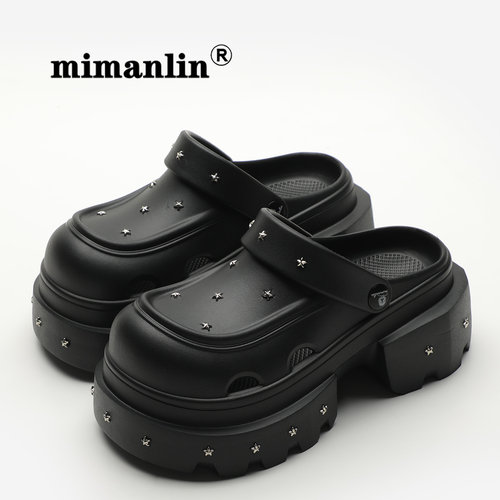 五角星朋克风增高跟凉鞋女夏外穿2025新款防滑黑色网红厚底洞洞鞋