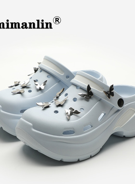 蓝色增高拖鞋洞洞鞋女夏季外穿2025新款防滑蝴蝶时尚网红厚底凉鞋