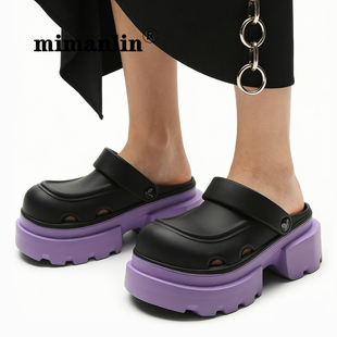黑紫拼色厚底松糕穆勒拖鞋女夏季时尚外穿个性凉拖懒人半拖洞洞鞋
