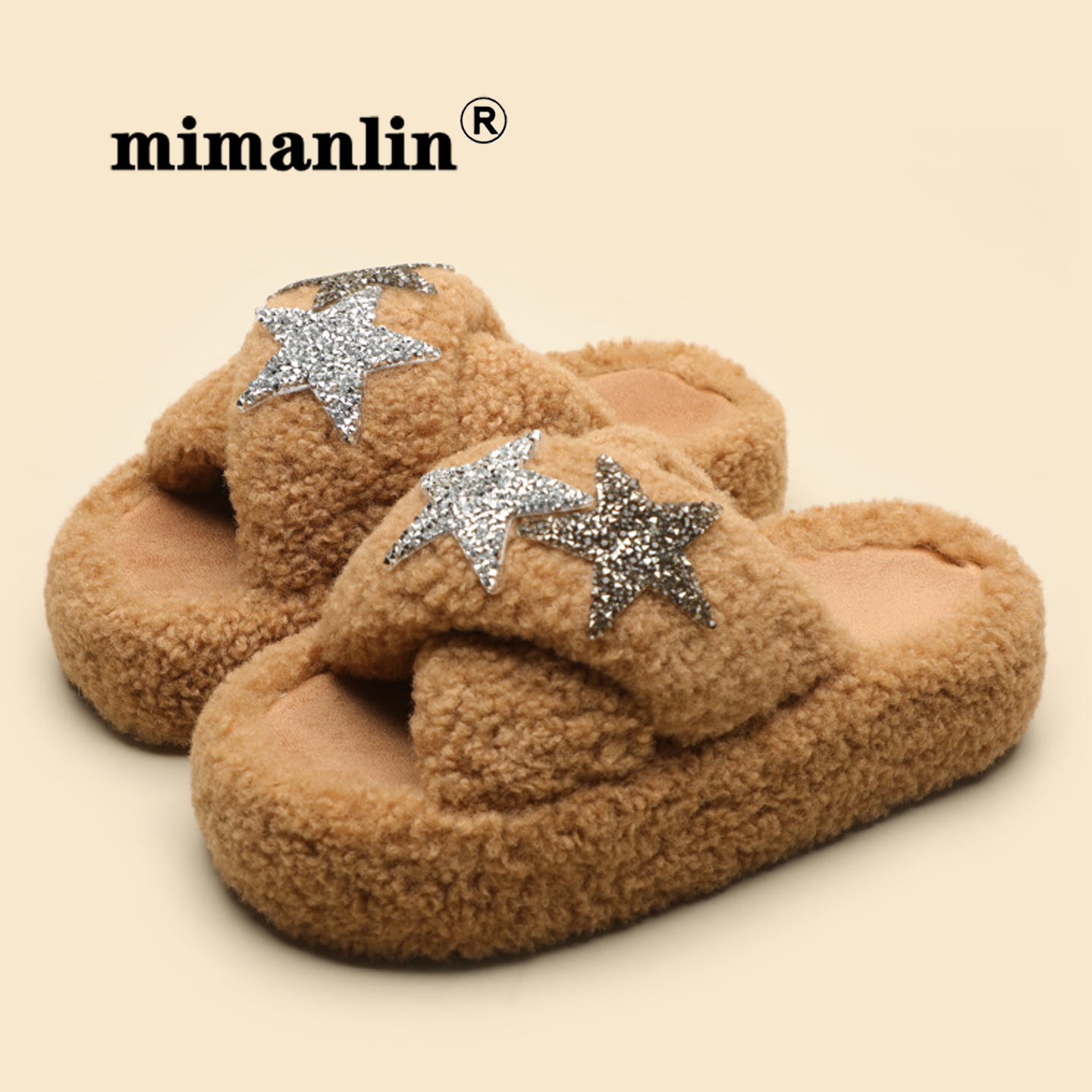 星星装饰毛绒拖鞋女士秋冬款时尚露趾保暖厚底居家外穿舒适棉拖鞋