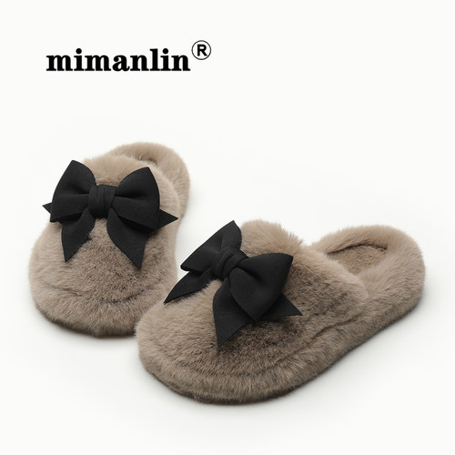 平底毛毛拖鞋女士春秋冬季蝴蝶结室内居家网红舒适百搭防滑棉拖鞋