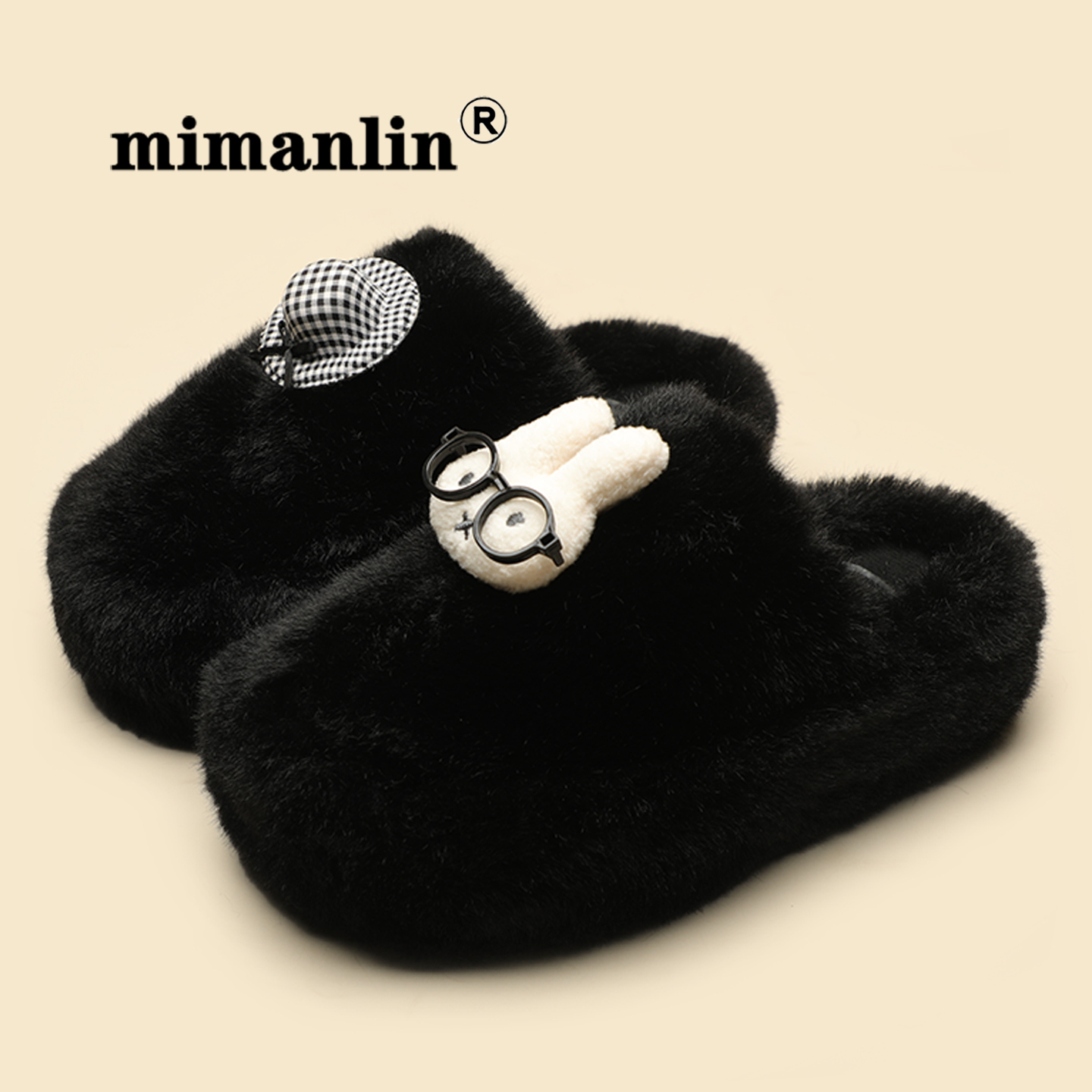 可爱卡通包头兔子厚底毛毛拖鞋女秋冬保暖居家防滑毛绒懒人棉拖鞋