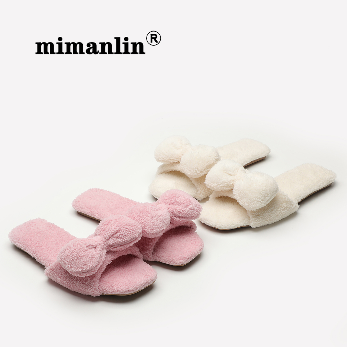 高级感蝴蝶结平底一字毛毛拖鞋女秋冬季空调房静音防滑舒适棉拖鞋