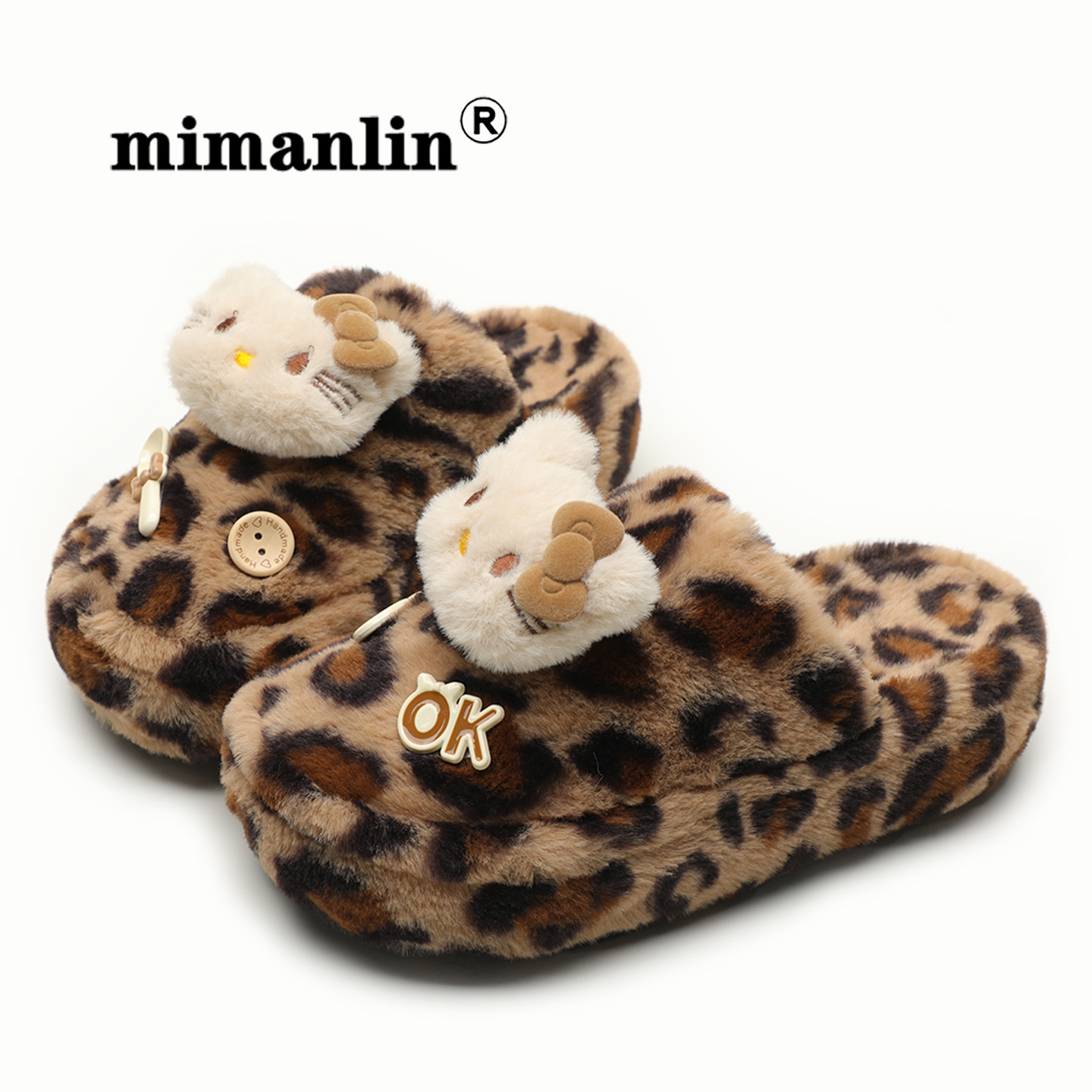厚底毛毛拖鞋女秋冬季加绒室内居家豹纹甜酷萌保暖外穿包头棉拖鞋