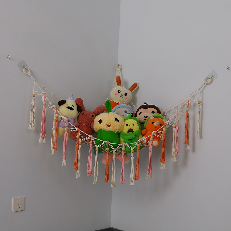 新款木珠流苏吊坠手工编织玩具吊床毛绒玩具收纳储物墙角挂棉绳