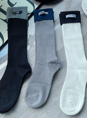 秋冬原创翻边双针及膝长筒袜女高定布标min字母灰色中筒袜配短靴~