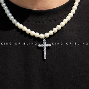 KINGOFBLING淡水珍珠十字架项链hiphop潮流欧美嘻哈情侣同款 配饰