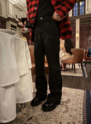 kkkk暗黑风定制绿松石重磅高品质休闲裤宽松弯刀裤高级感男