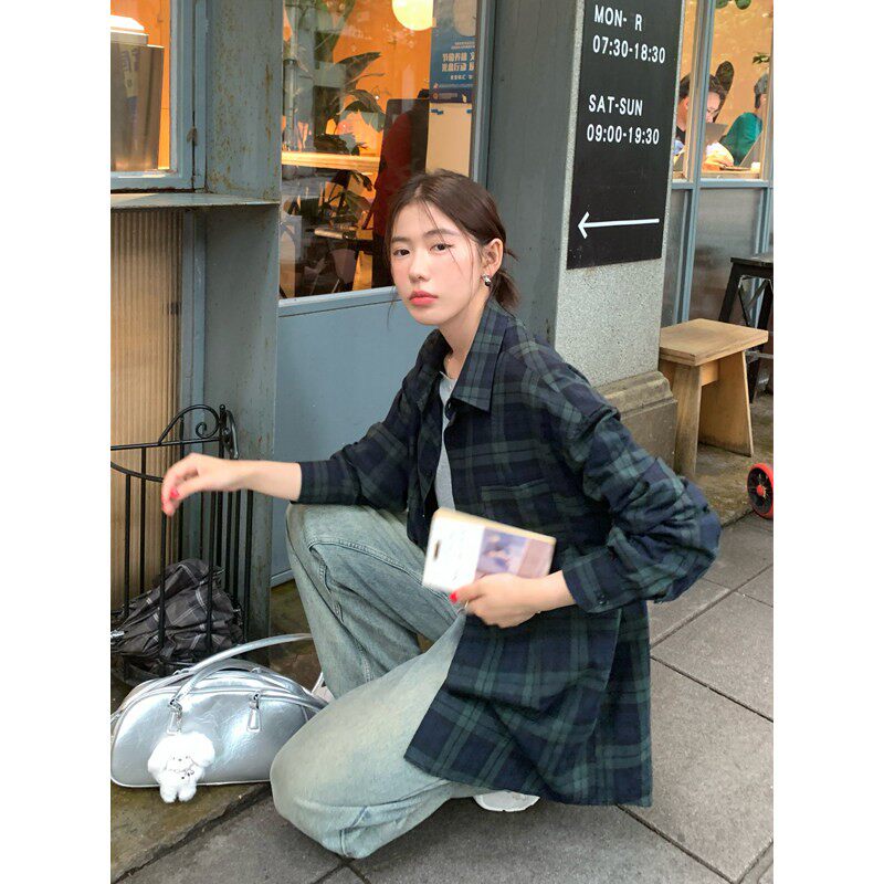 Halo Luu蓝色格子衬衫女春季韩版休闲宽松慵懒风复古外套长袖衬衣