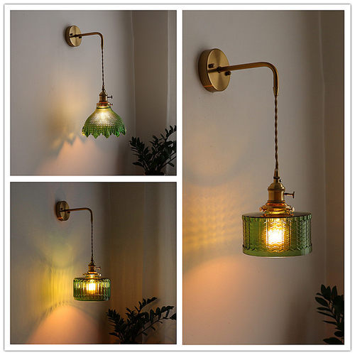 日式复古黄铜墨绿色玻璃壁灯