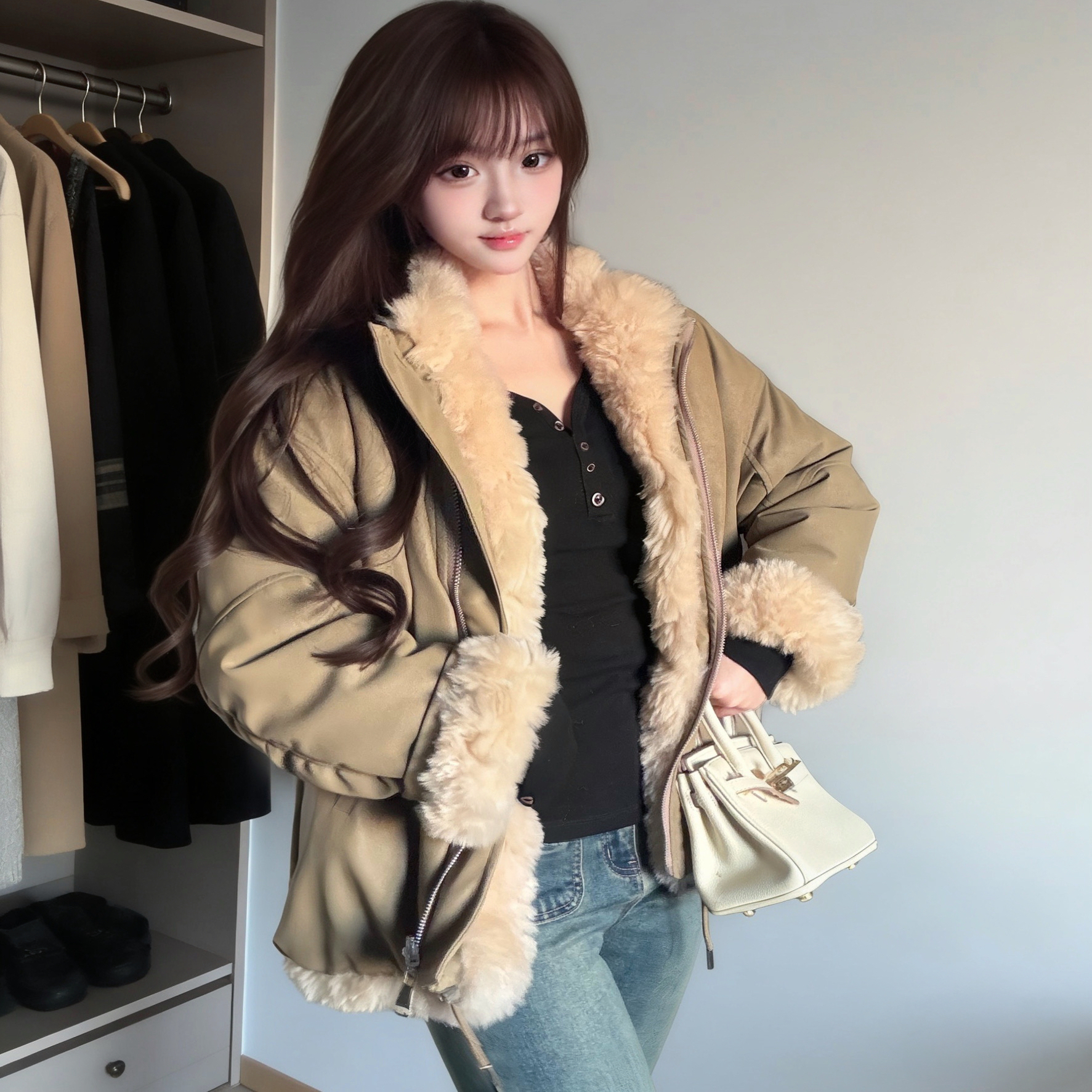 美拉德风羊羔毛外套女皮毛一体短款北岛日记冬季双面穿派克服加厚