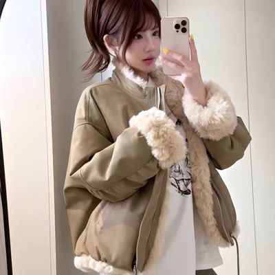 美拉德风羊羔毛外套女皮毛一体短款北岛日记冬季双面穿派克服加厚