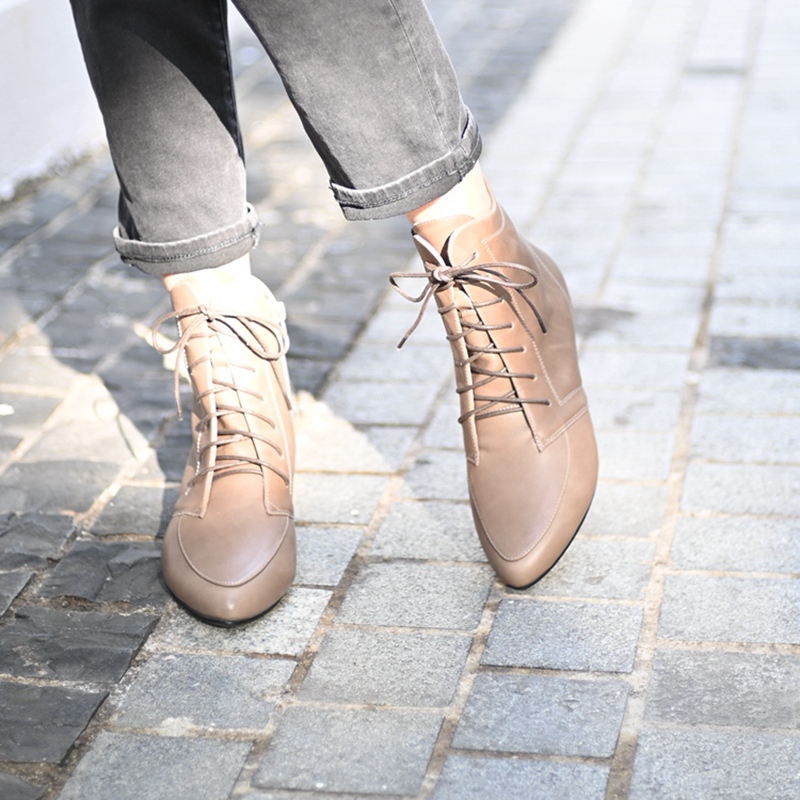 头层牛皮低跟英伦风系带马丁靴