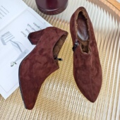 慢先森新品 502 可加绒尖头高跟鞋 真皮磨砂皮侧拉链深口女鞋