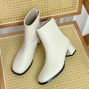 351 靴粗高跟软牛皮修脚瘦瘦后拉链女短靴 方头舒适时装 慢先森