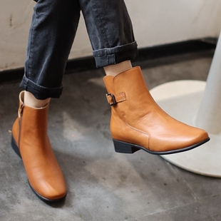 百搭低跟秋冬短筒马丁靴841 慢先森 复古侧拉链方头牛皮扣饰时尚