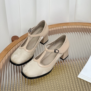 350 方头粗高跟T字带旗袍鞋 复古国风丝绸牛皮新中式 慢先森