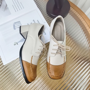350 慢先森 真皮简约绑带女鞋 女新款 复古拼色牛皮方头高跟单鞋
