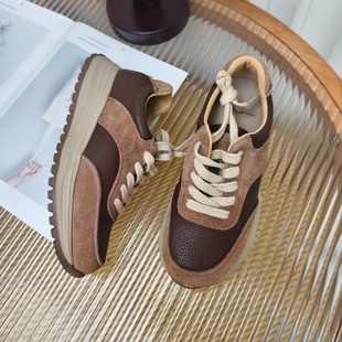 333 女春夏秋冬 复古拼色系带圆头厚底阿甘休闲真皮鞋 慢先森
