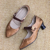 慢先森 380 真丝牛皮尖头复古旗袍鞋 民国风低跟山茶花女单鞋