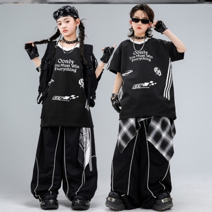 街舞服女童潮装酷帅条纹黑红儿童服装hiphop男童短袖黑白潮牌黑蓝