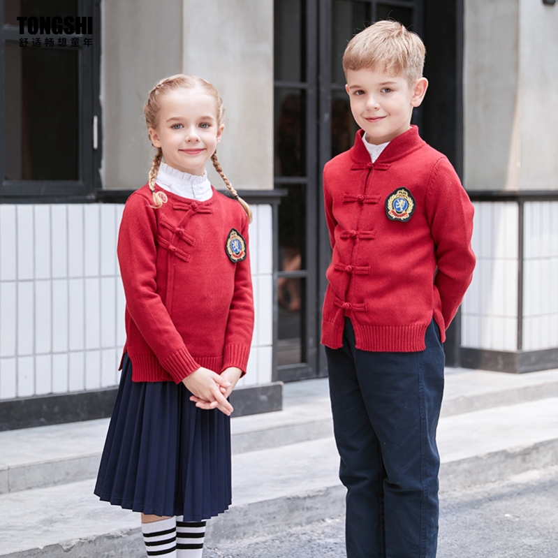 幼儿园园服春秋装中国风红色纯棉毛衣小学生校服套装儿童演出班服