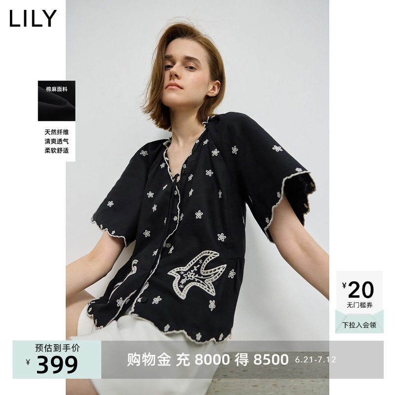 LILY2025夏新款女装棉麻艺术感撞色飞鸟花朵刺绣系带V领短袖衬衫