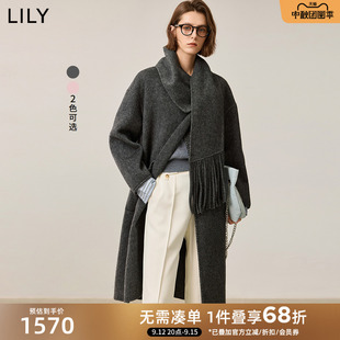 LILY2025冬新款女装绵羊毛骆驼绒设计感围巾领百搭通勤双面呢大衣