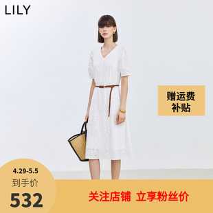 连衣裙小白裙 气质温柔设计感蕾丝显瘦腰带短袖 女装 LILY2024夏新款