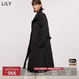 LILY2025冬新款女装复古立领翻领腰带收腰百搭通勤黑色羽绒服外套