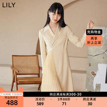 LILY2022秋新款女装气质纯色通勤款别致褶皱高腰显瘦西装式连衣裙