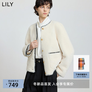 LILY2025冬新款女装法式撞色小香风休闲气质通勤白色毛绒外套短款