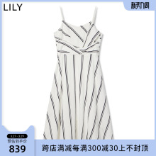 【商场同款】LILY2023夏新款女装别致条纹复古修身高腰吊带连衣裙