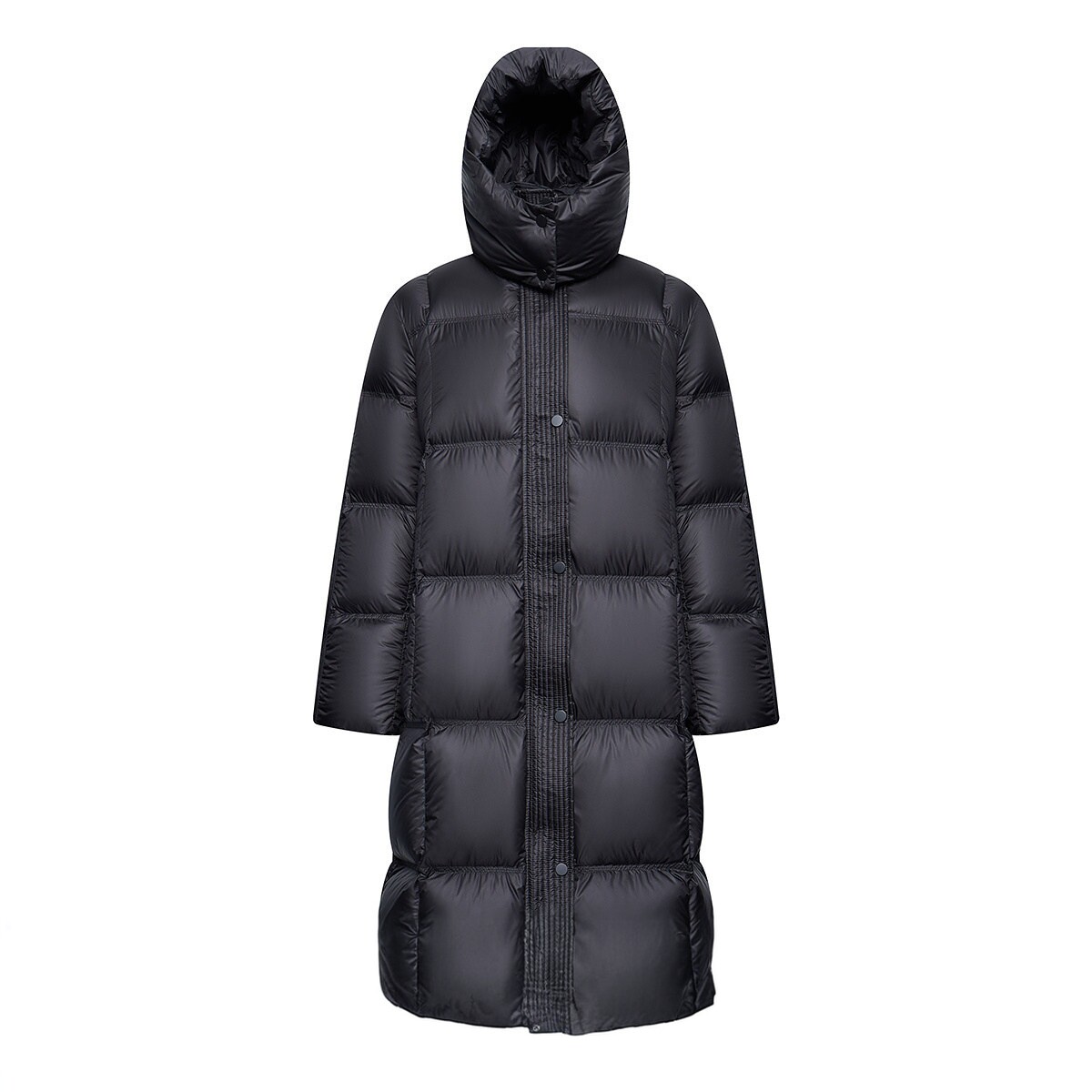 LILY2026春新款女装复古连帽立领90鸭绒宽松黑色羽绒服外套长款